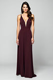 Simple Cabernet A Line Deep V-Neck Long Formal Dress
