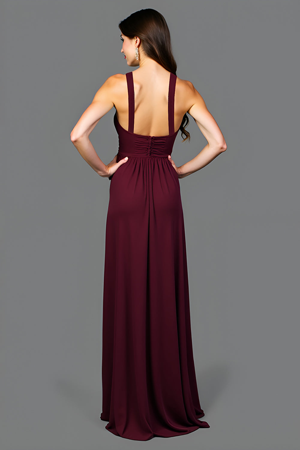 A Line Cabernet V Neck Pleated Long Formal Dress