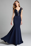 Navy Deep V Neck Cap Sleeves Mermaid Formal Dress with Sequins