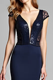 Navy Deep V Neck Cap Sleeves Mermaid Formal Dress with Sequins