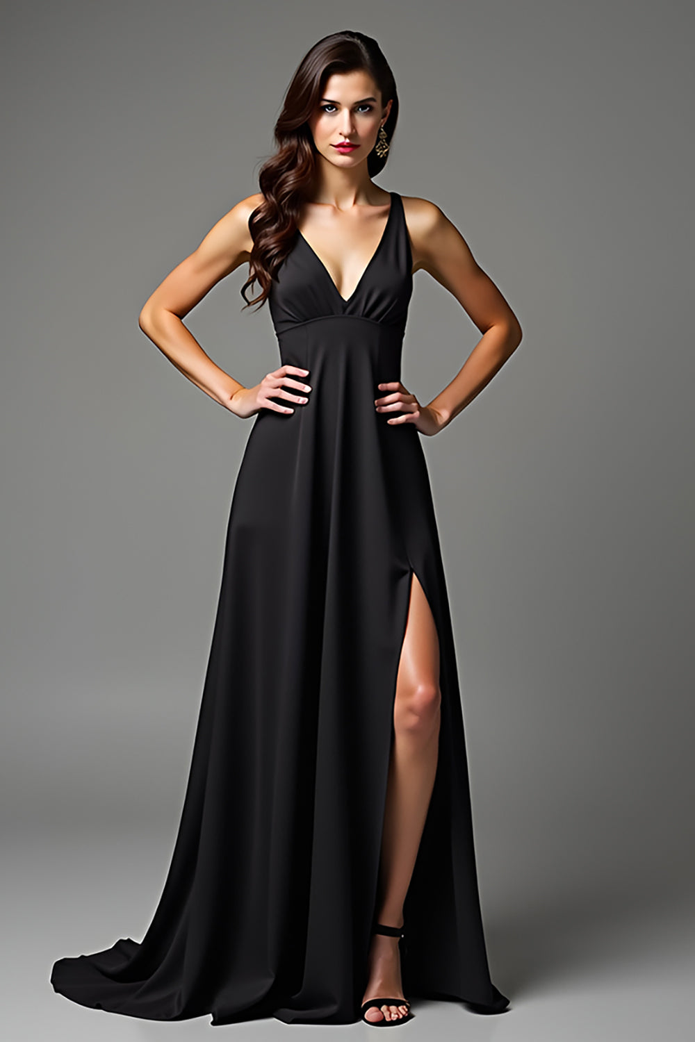 Black V Neck Backless A Line Formal Dress with Slit
