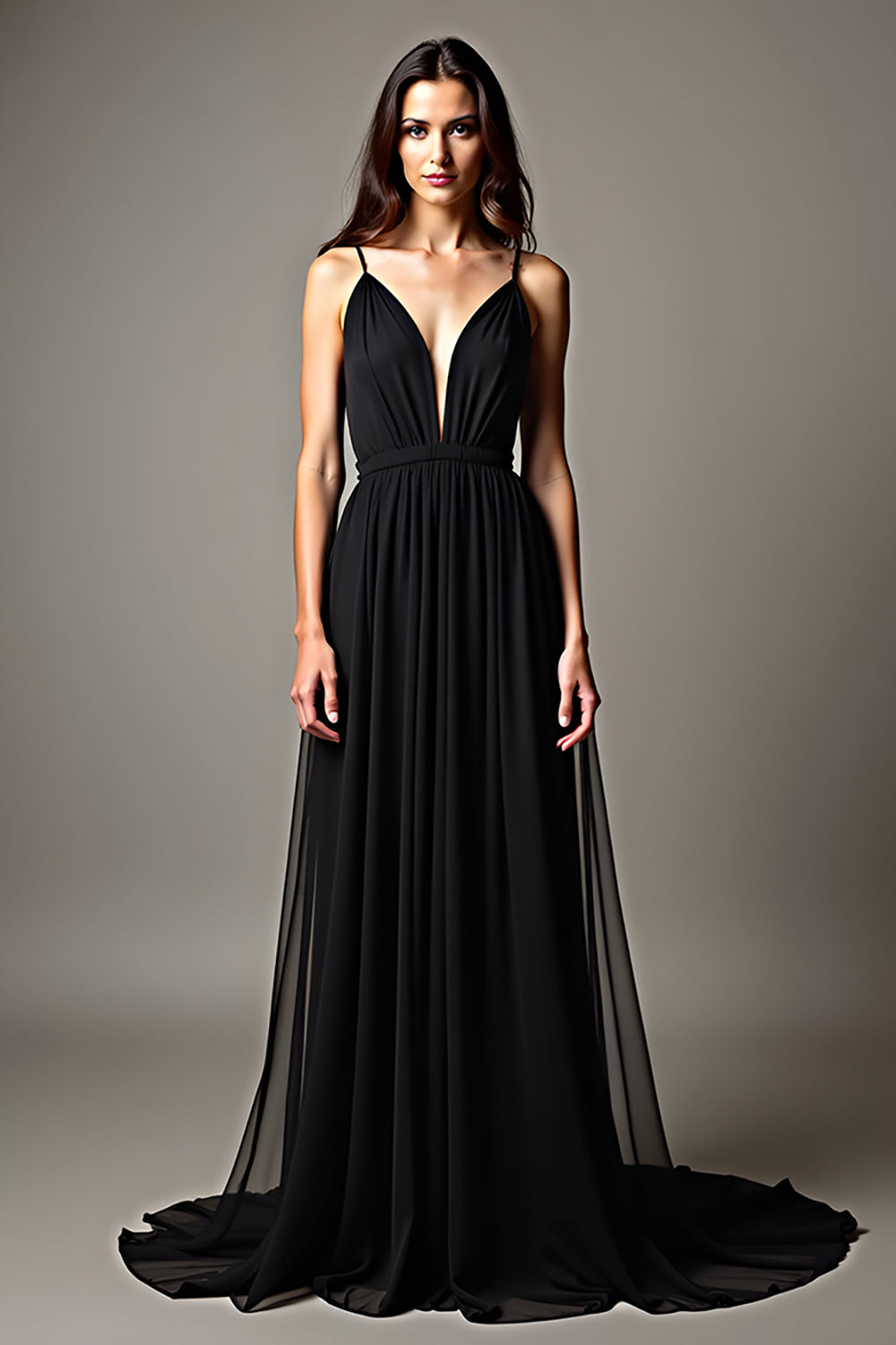 Black Spaghetti Straps V Neck Pleated A Line Formal Dress