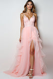 Ruffled Blush Pink V Neck A Line Appliqued Prom Dress with Slit