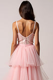 Blush Pink Tiered A Line High Low Prom Dress with Ruffles
