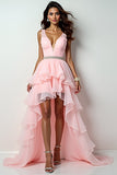 Blush Pink V Neck Ruffled High Low Prom Dress with Beading
