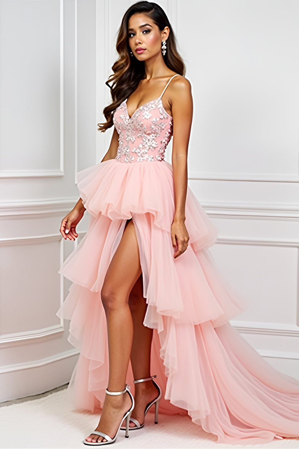 Blush Pink A Line Tiered Sweep Train Long Prom Dress with Slit