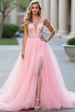 Princess Blush Pink Appliqued A Line Long Prom Dress with Slit