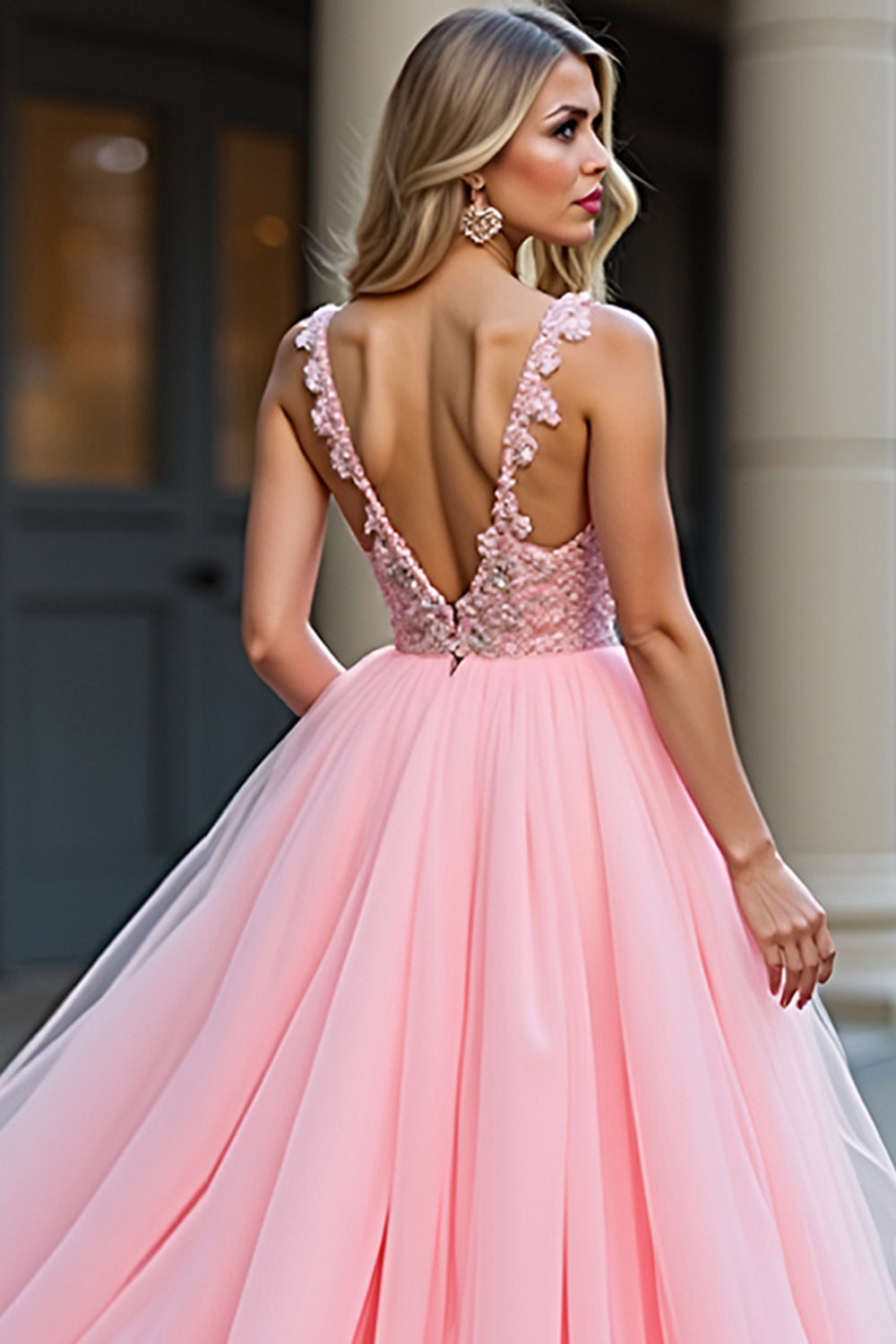 Princess Blush Pink Appliqued A Line Long Prom Dress with Slit