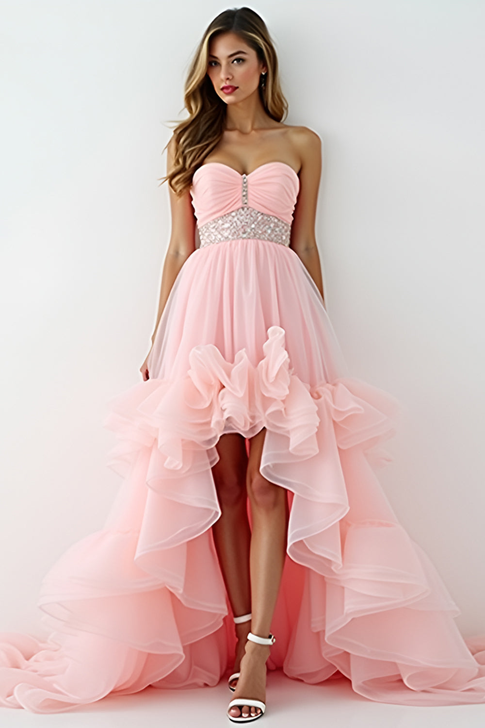 Blush Pink Strapless A Line High Low Prom Dress with Ruffles