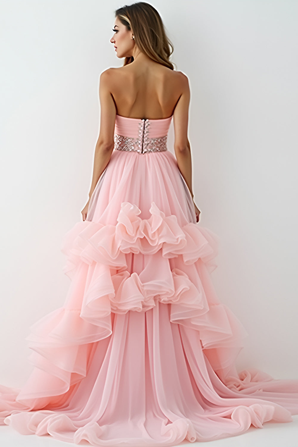 Blush Pink Strapless A Line High Low Prom Dress with Ruffles