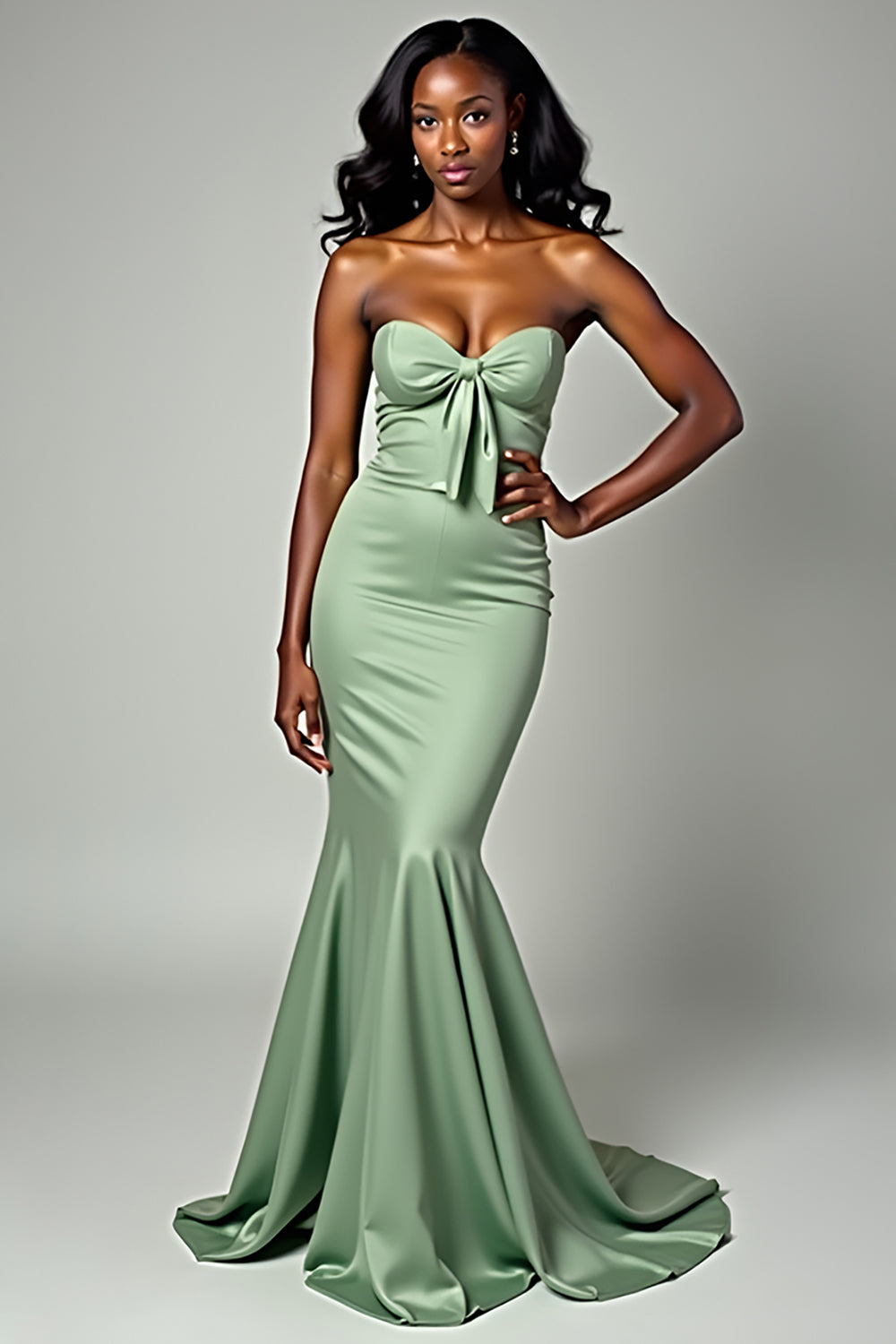 Dusty Sage Mermaid Strapless Sweetheart Long Prom Dress with Bow