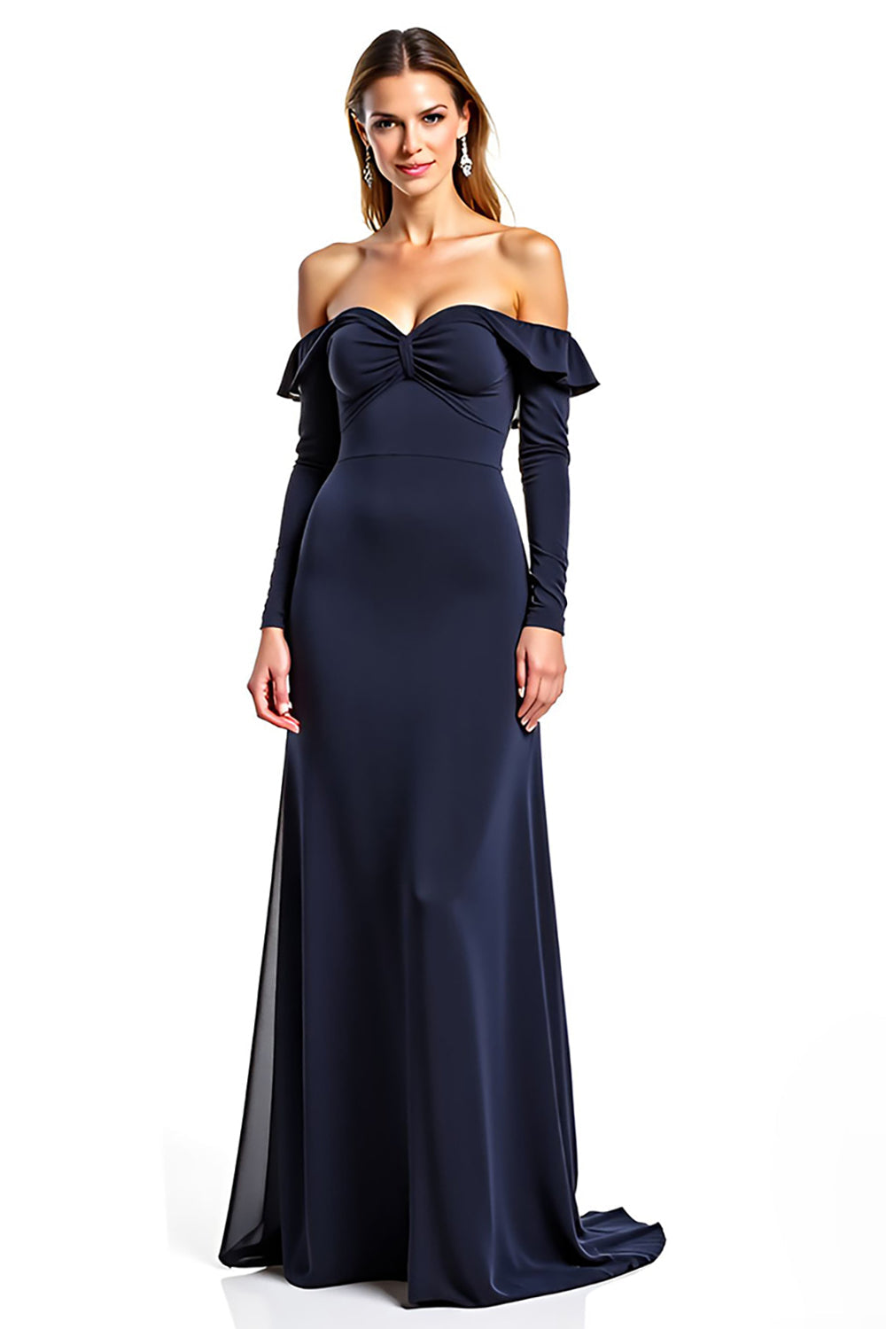 Sweetheart Navy Long Sleeves Mother of the Bride Dress with Ruffles