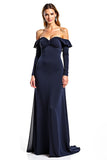 Sweetheart Navy Long Sleeves Mother of the Bride Dress with Ruffles