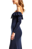 Sweetheart Navy Long Sleeves Mother of the Bride Dress with Ruffles