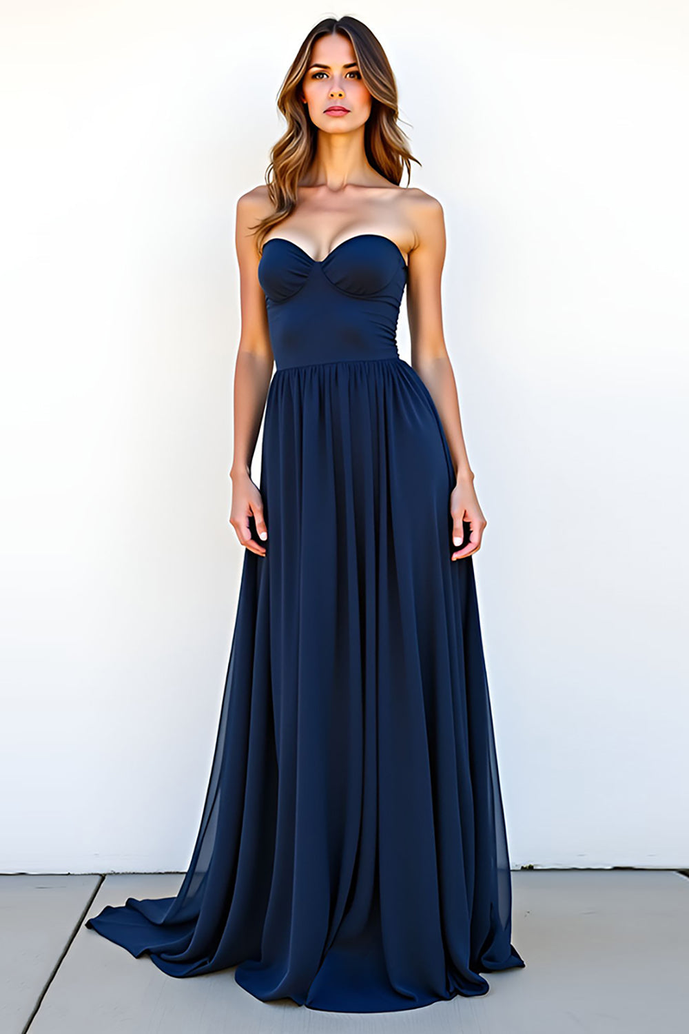 Sweetheart Navy A Line Strapless Pleated Long Wedding Guest Dress