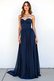 Sweetheart Navy A Line Strapless Pleated Long Wedding Guest Dress