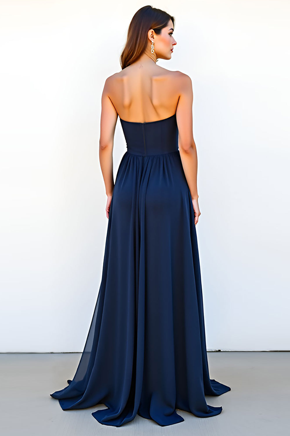 Sweetheart Navy A Line Strapless Pleated Long Wedding Guest Dress