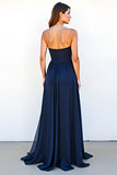 Sweetheart Navy A Line Strapless Pleated Long Wedding Guest Dress