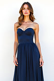 Sweetheart Navy A Line Strapless Pleated Long Wedding Guest Dress