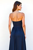 Sweetheart Navy A Line Strapless Pleated Long Wedding Guest Dress