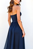 Sweetheart Navy A Line Strapless Pleated Long Wedding Guest Dress