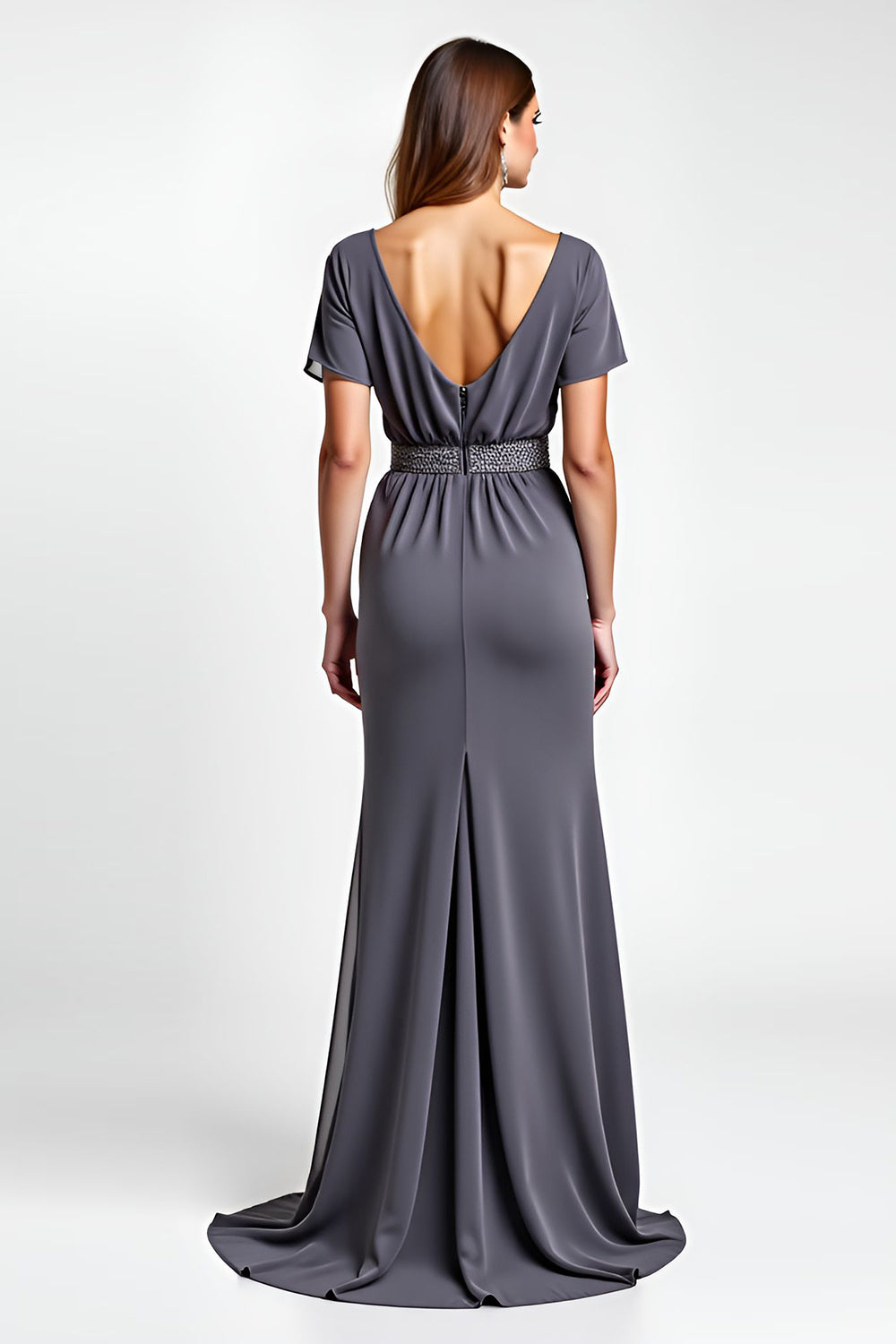Steel Grey Sheath Beaded V Neck Long Mother of the Bride Dress