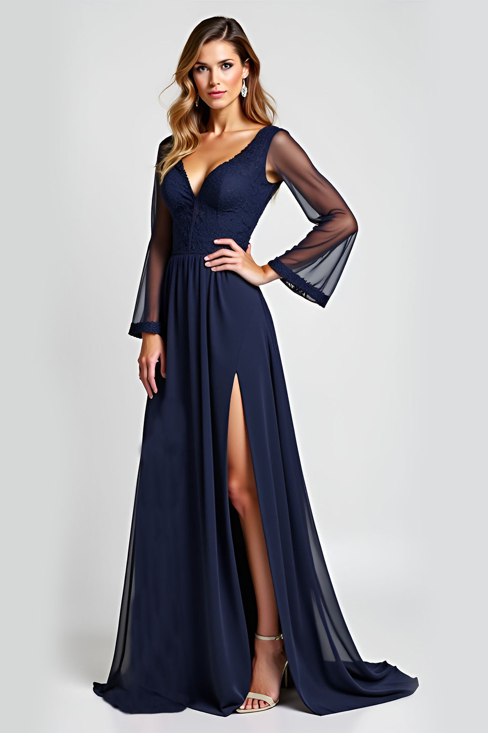 Navy A Line V-Neck Sheer Sleeves Mother of the Bride Dress with Slit