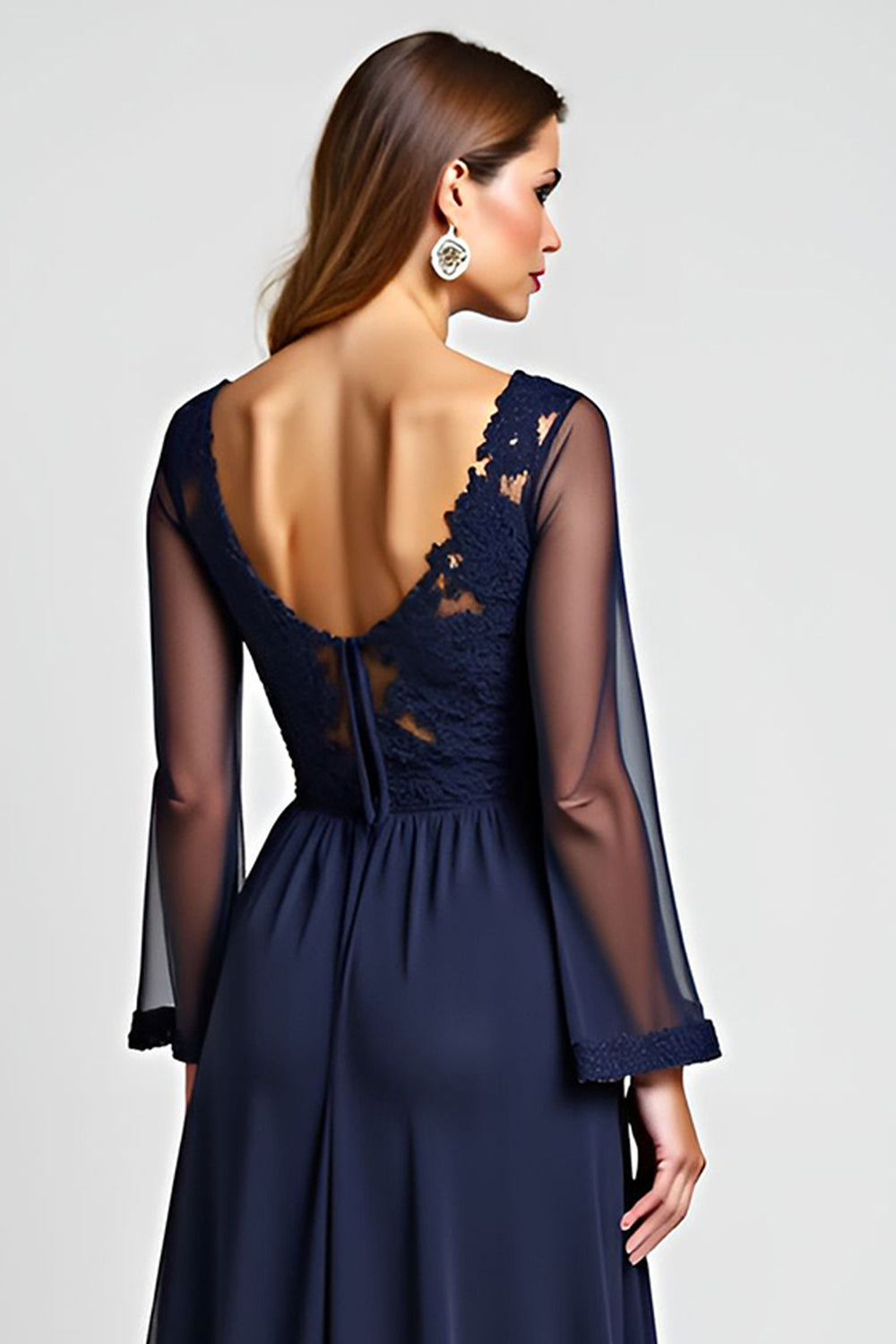Navy A Line V-Neck Sheer Sleeves Mother of the Bride Dress with Slit
