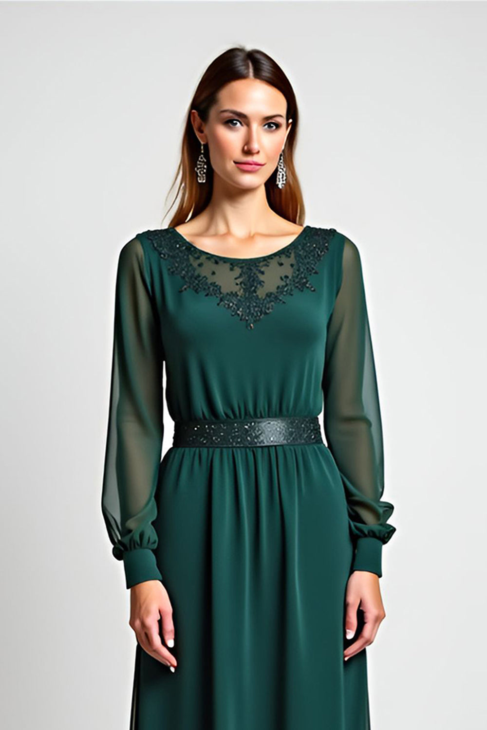 Pine Round Neck Embroideried Maxi Mother of the Bride Dress