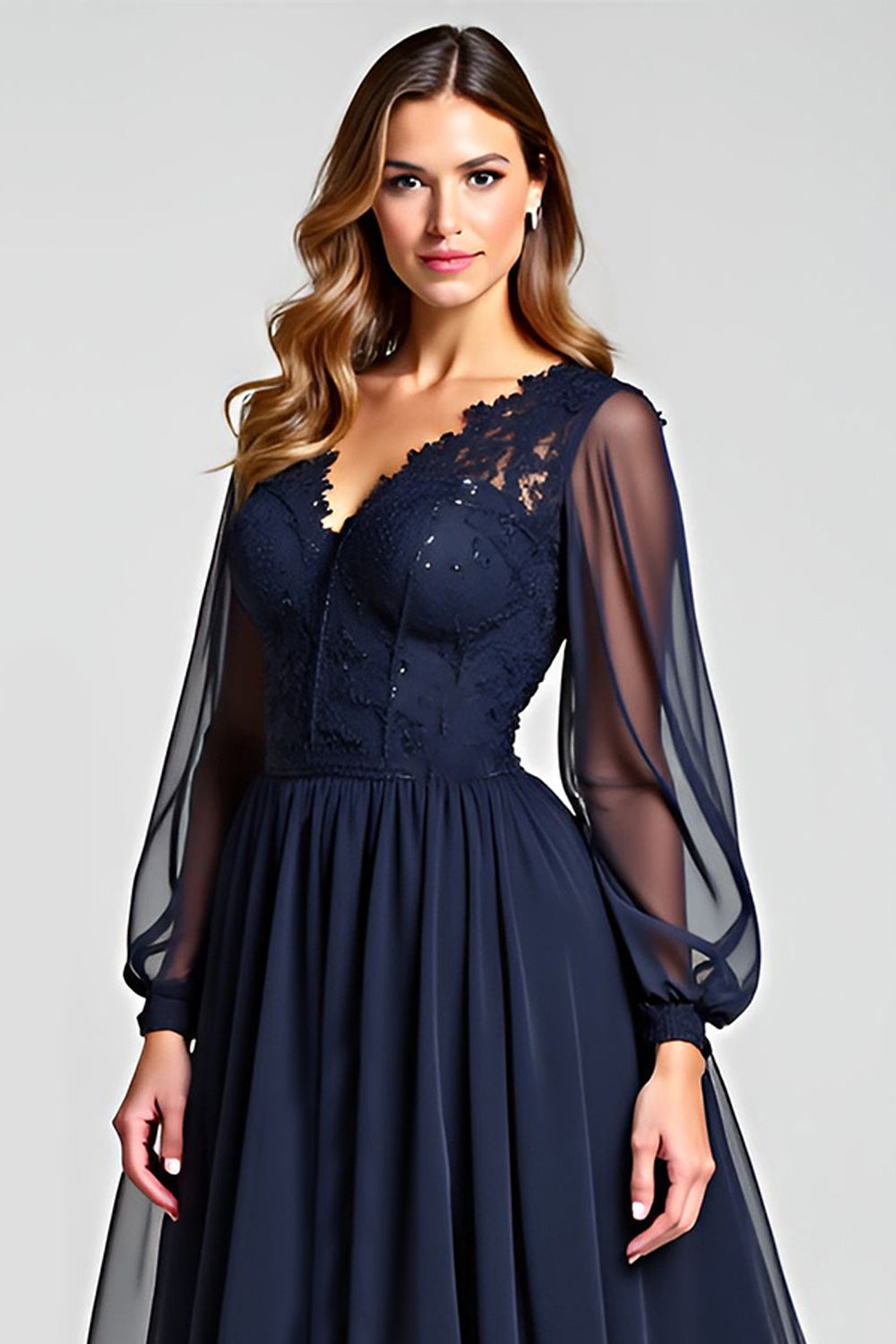 Navy A Line V-Neck Long Mother of the Bride Dress with Appliques
