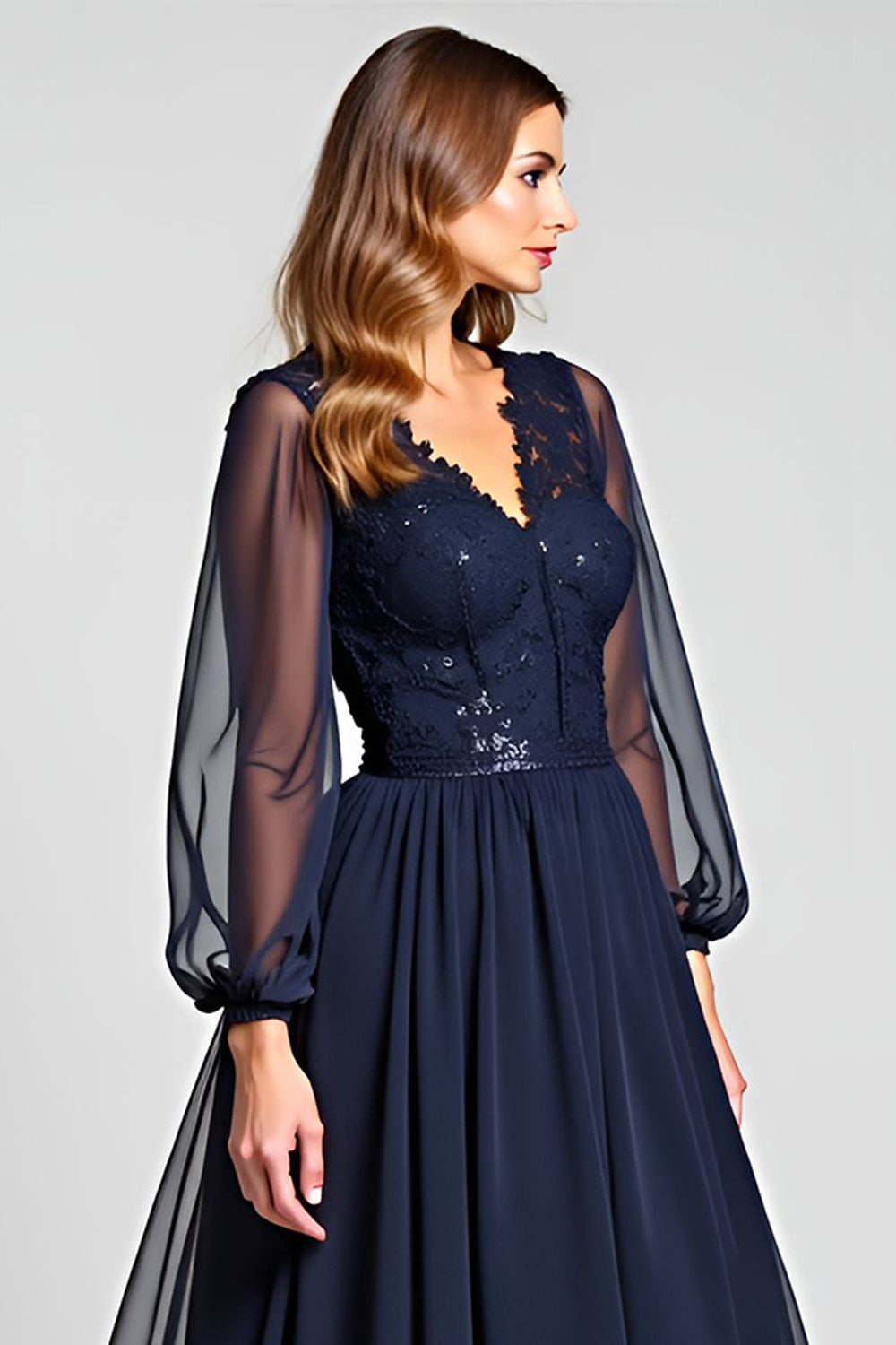 Navy A Line V-Neck Long Mother of the Bride Dress with Appliques
