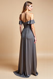 Steel Grey Off the Shoulder Sweetheart A Line Long Bridesmaid Dress