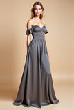 Steel Grey Off the Shoulder Sweetheart A Line Long Bridesmaid Dress