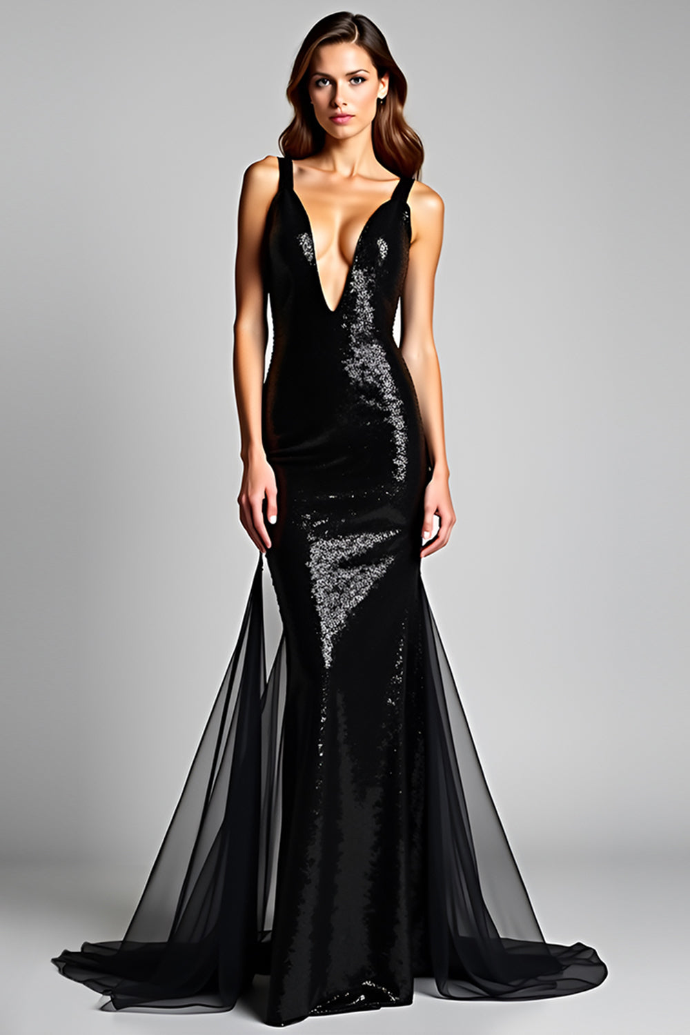 Sparkly Mermaid V-Neck Maxi Black Tie Dress