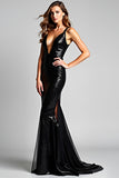 Sparkly Mermaid V-Neck Maxi Black Tie Dress
