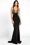 Black Mermaid V-Neck Beaded Floor Length Formal Dress with Slit