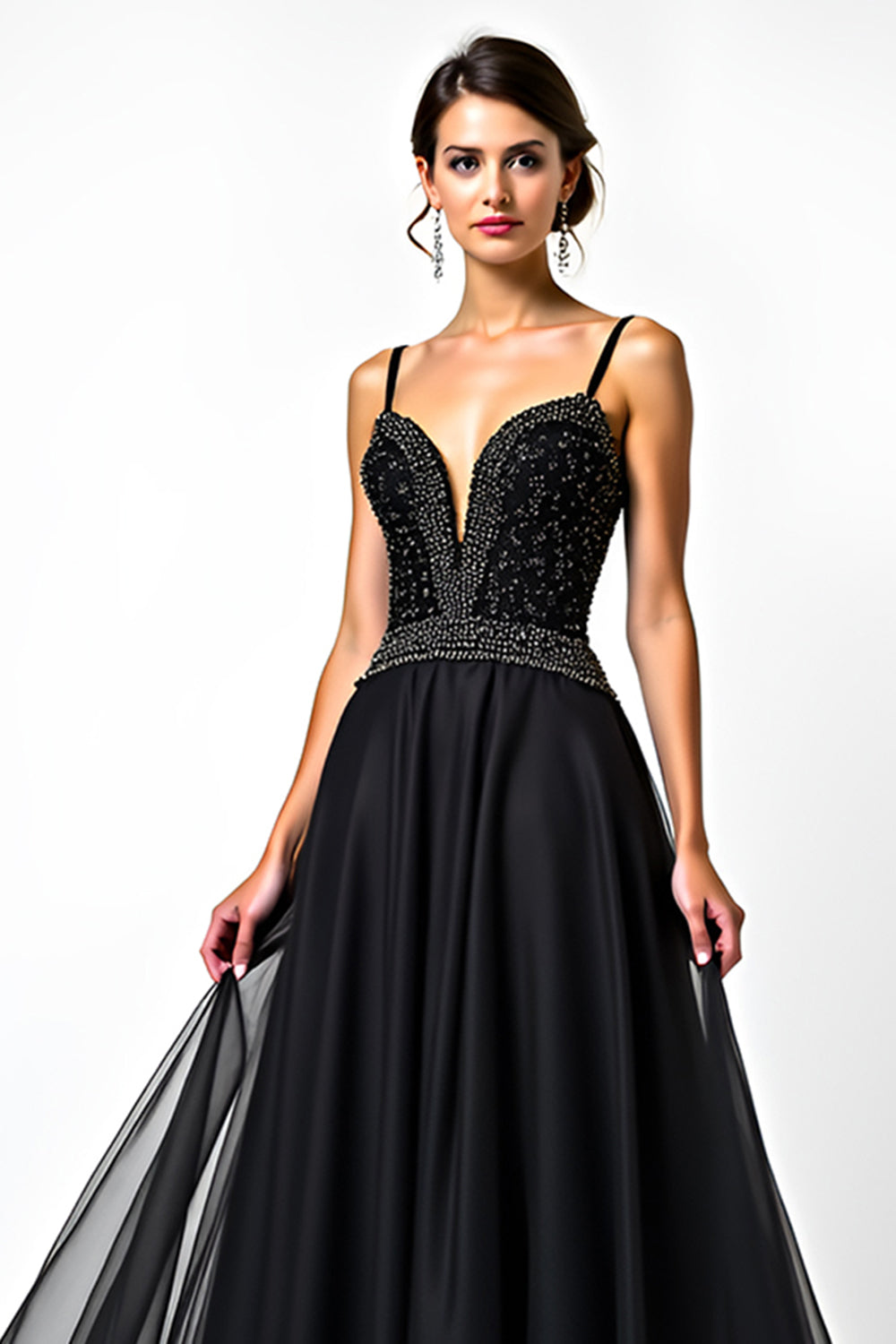 Black A Line Long Beaded Spaghetti Straps Formal Dress