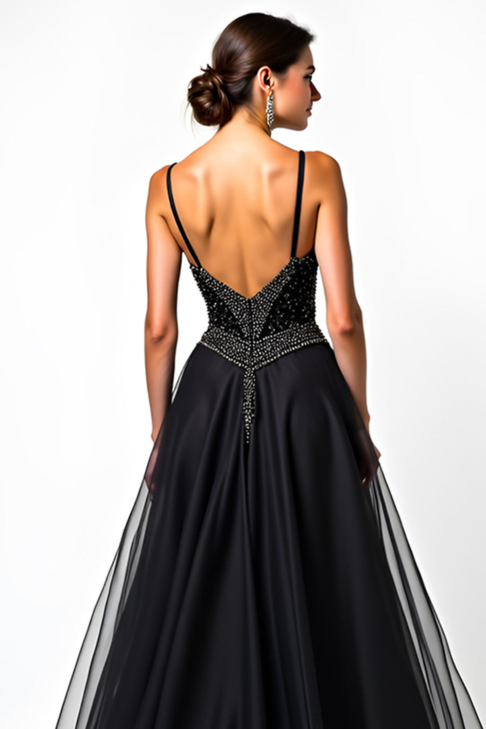Black A Line Long Beaded Spaghetti Straps Formal Dress