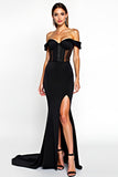 Black Mermaid Off the Shoulder Corset Maxi Formal Dress with Slit