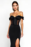 Black Mermaid Off the Shoulder Corset Maxi Formal Dress with Slit