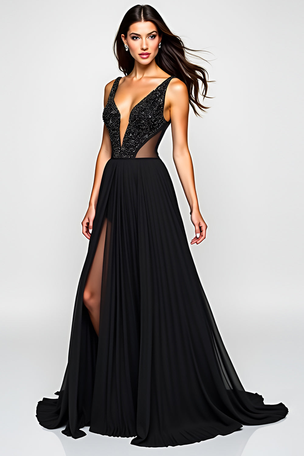 Black A Line V Neck Cut-Out Long Formal Dress with Slit