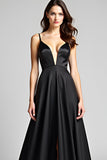 Black A Line Deep V-Neck Long Satin Formal Dress with Slit