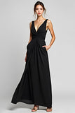 Black A Line V-Neck Long Chiffon Graduation Dress