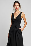 Black A Line V-Neck Long Chiffon Graduation Dress
