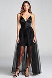 Black A Line Tulle V-Neck Graduation Dress
