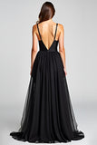 Black A Line Tulle V-Neck Graduation Dress