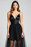 Black A Line Tulle V-Neck Graduation Dress