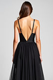 Black A Line Tulle V-Neck Graduation Dress