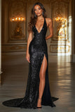 Sparkly Black Deep V-Neck Sequined Sheath Prom Dress with Slit