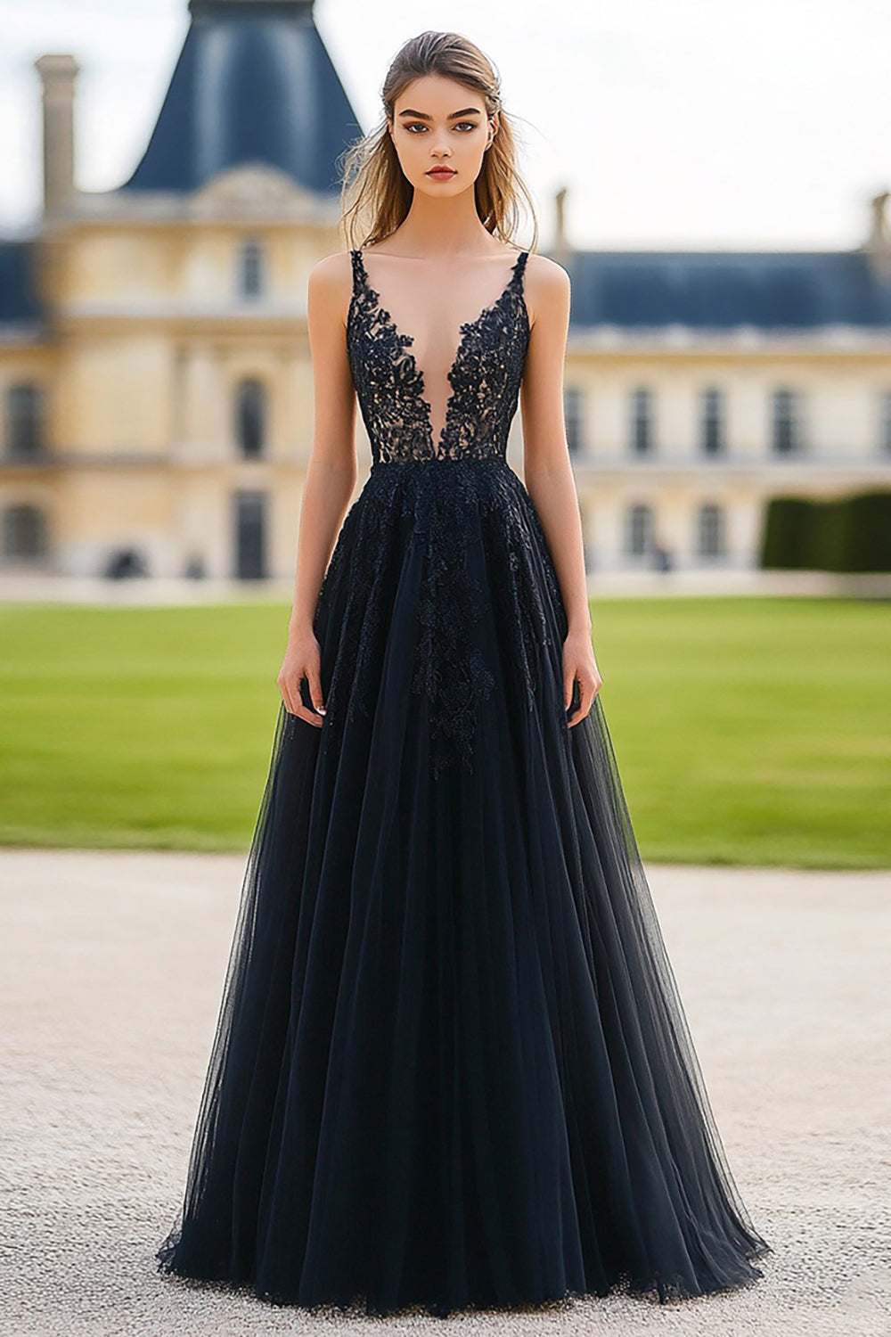 Black A Line V-Neck Pleated Long Prom Dress with Applique